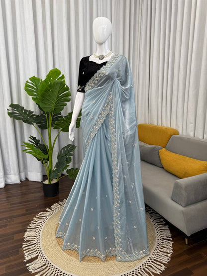 Frosted Elegance Embroidered Saree