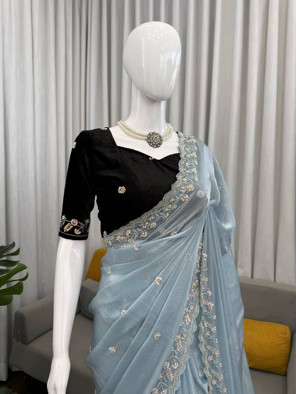 Frosted Elegance Embroidered Saree