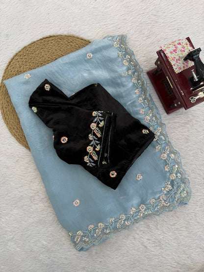 Frosted Elegance Embroidered Saree