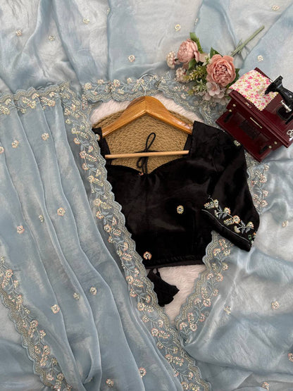 Frosted Elegance Embroidered Saree