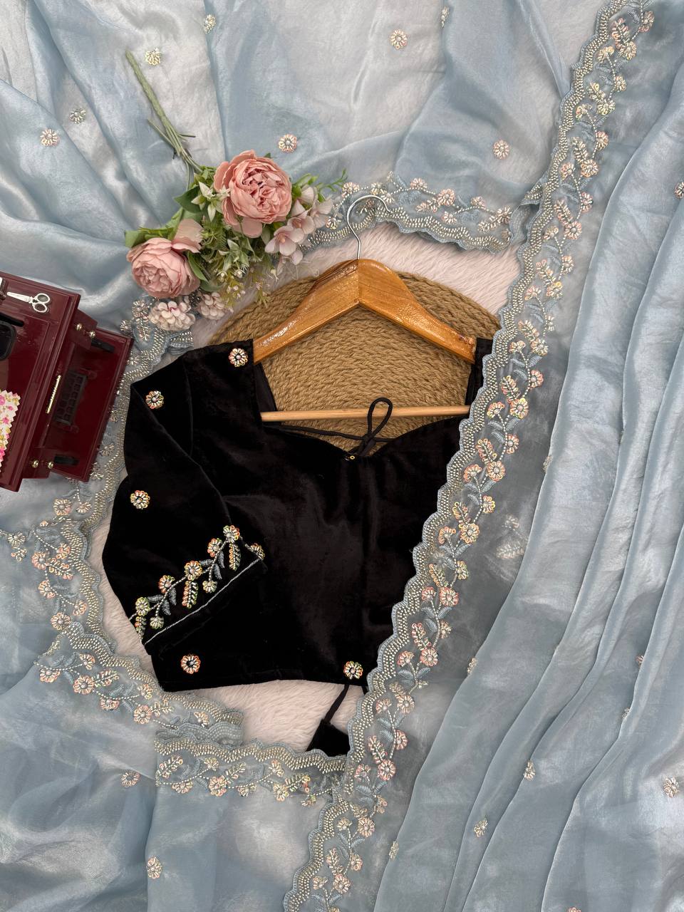 Frosted Elegance Embroidered Saree