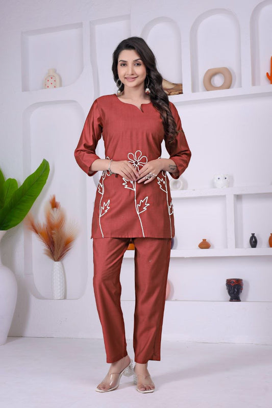 Rust Embroidered Co - Ord Set - Kurtikala