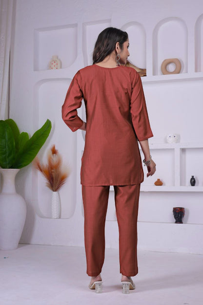 Rust Embroidered Co - Ord Set - Kurtikala
