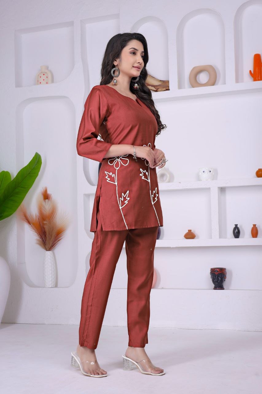 Rust Embroidered Co - Ord Set - Kurtikala