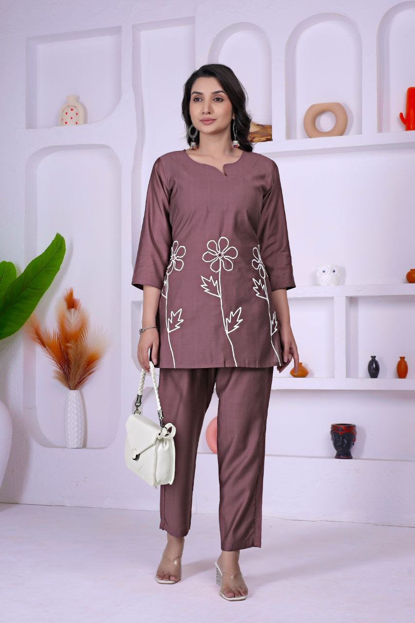 Mocha Brown Embroidered Co - Ord set - Kurtikala