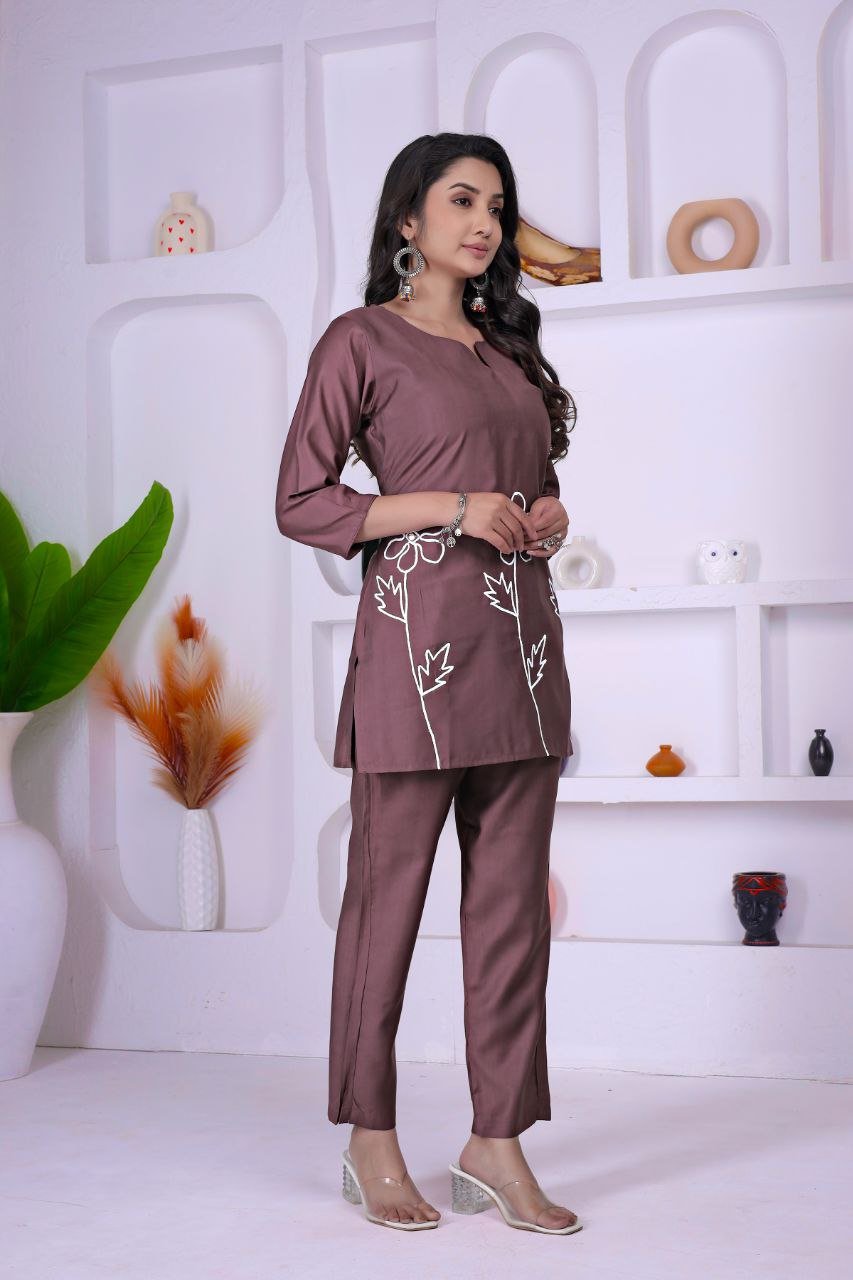 Mocha Brown Embroidered Co - Ord set - Kurtikala