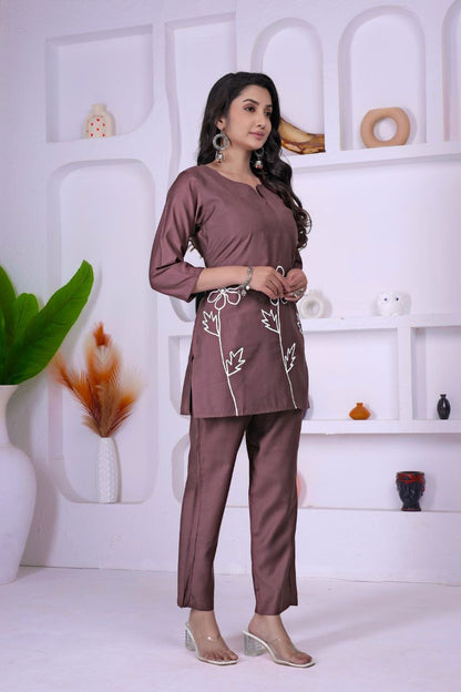 Mocha Brown Embroidered Co - Ord set - Kurtikala