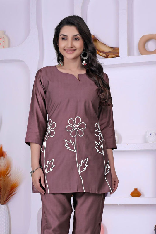 Mocha Brown Embroidered Co - Ord set - Kurtikala