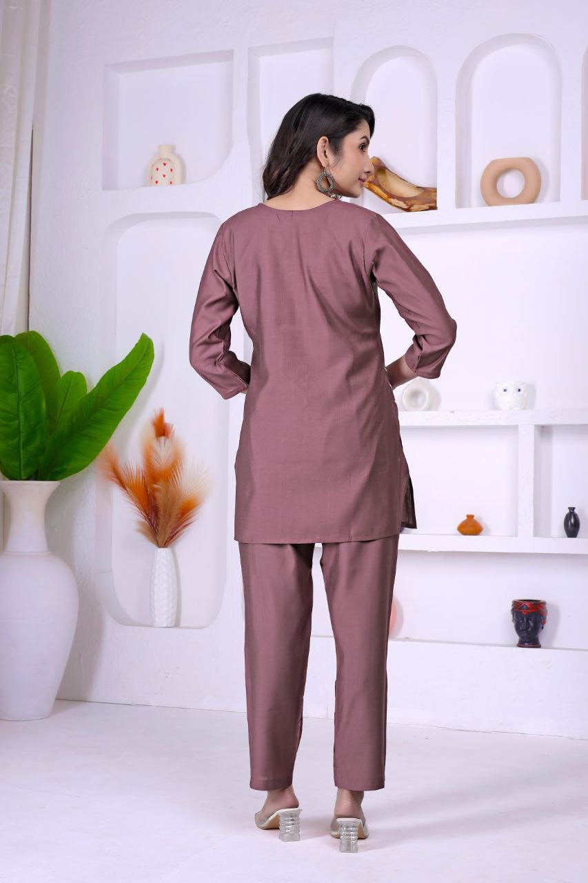 Mocha Brown Embroidered Co - Ord set - Kurtikala
