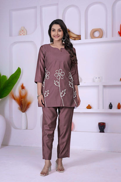 Mocha Brown Embroidered Co - Ord set - Kurtikala