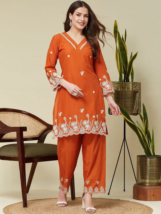 Orange Schiffil Cord Set - Kurtikala
