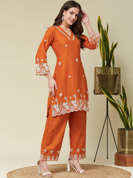 Orange Schiffil Cord Set - Kurtikala