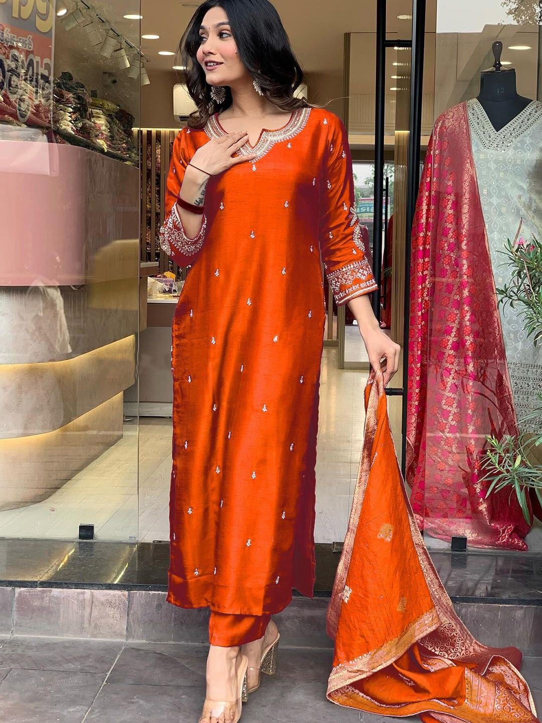 Royal Orange Embroidered Suit - Kurtikala
