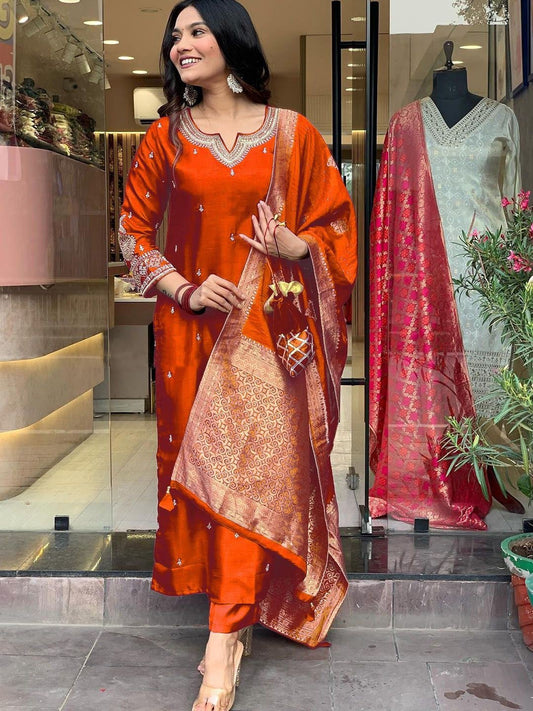 Royal Orange Embroidered Suit - Kurtikala