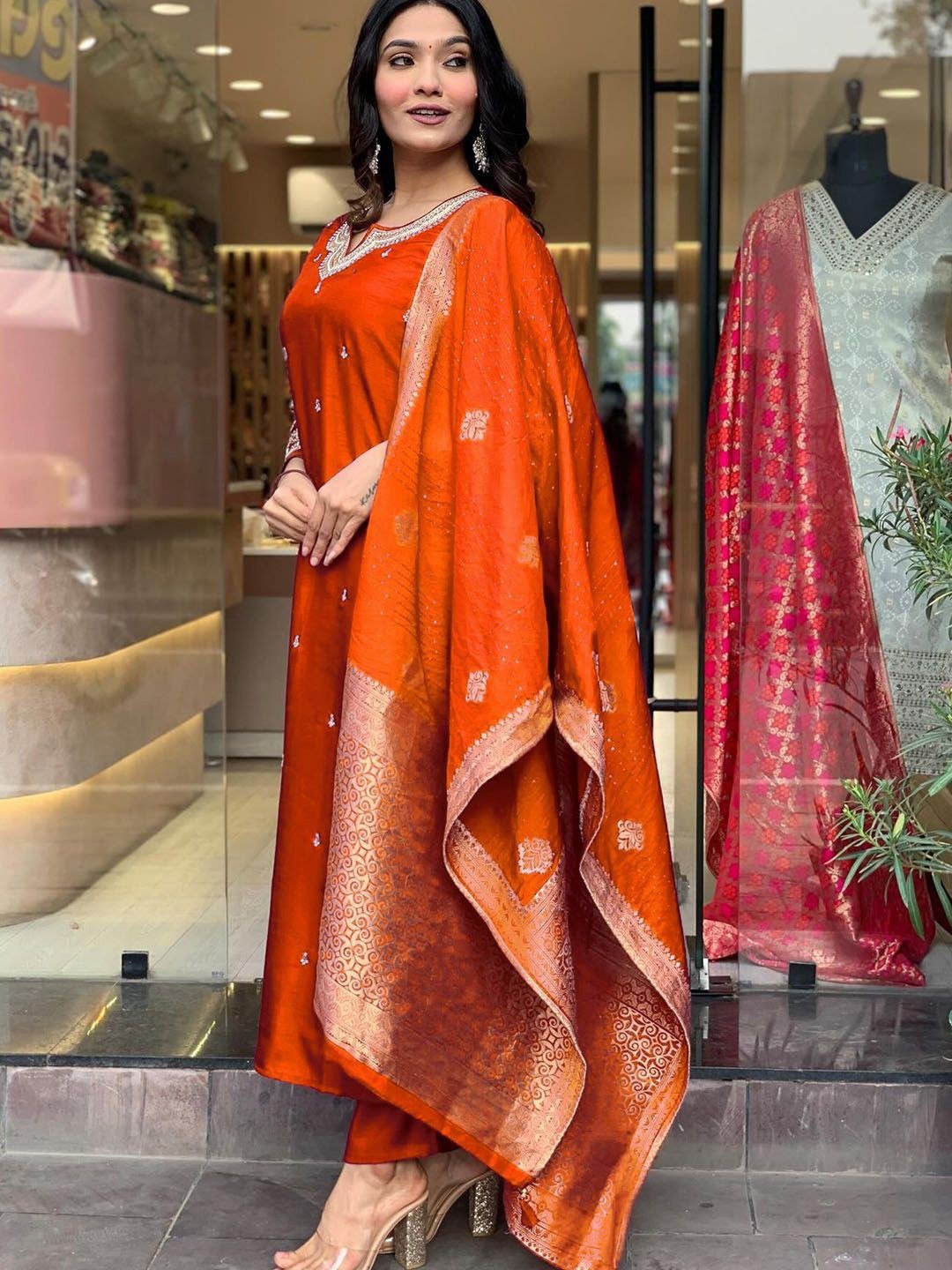 Royal Orange Embroidered Suit - Kurtikala