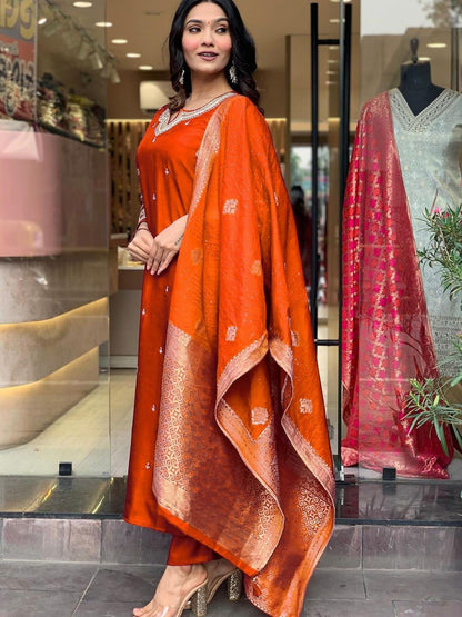 Royal Orange Embroidered Suit - Kurtikala