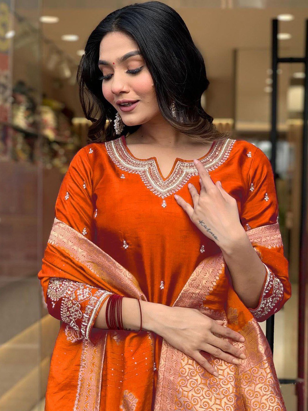 Royal Orange Embroidered Suit - Kurtikala