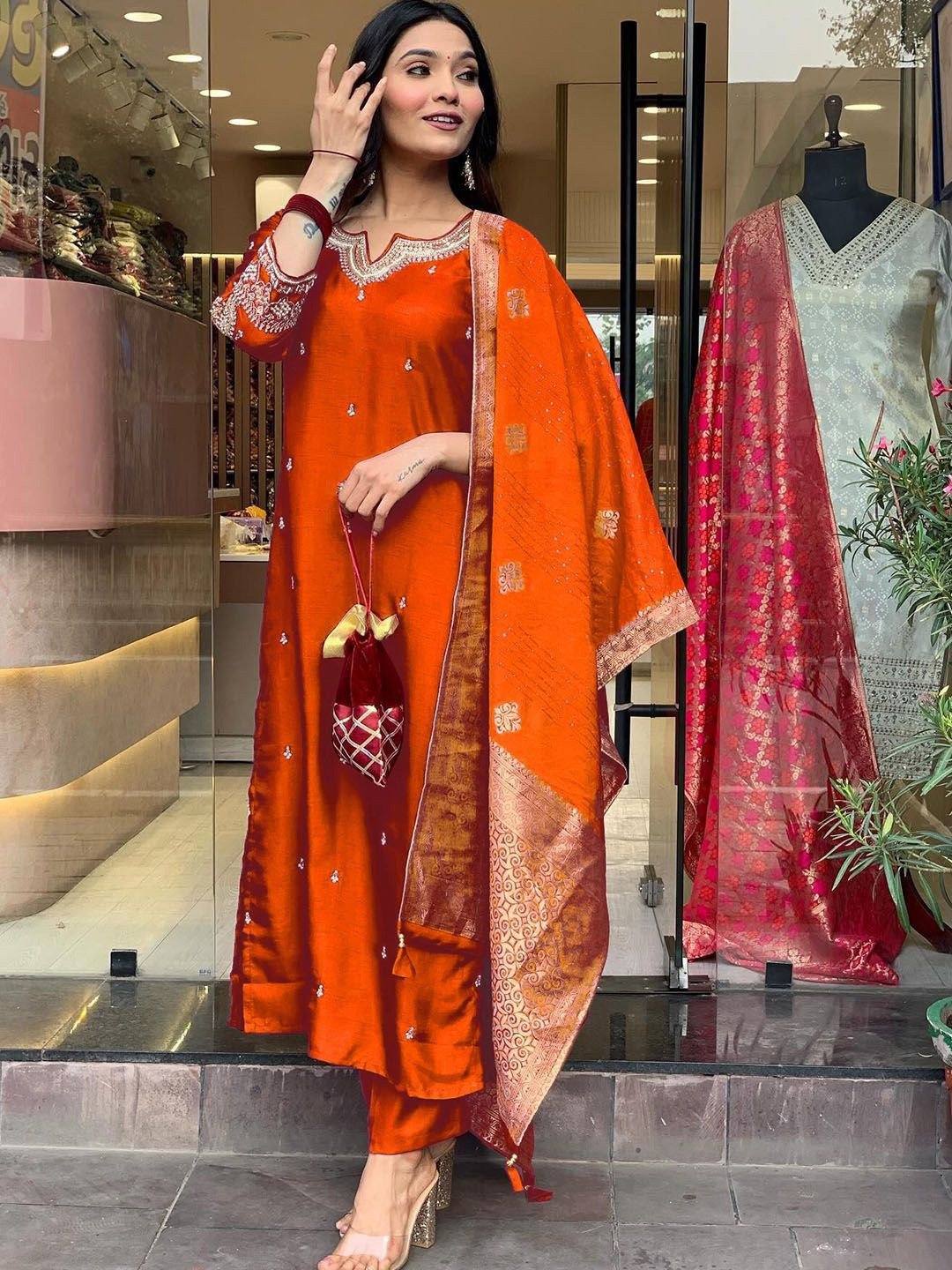 Royal Orange Embroidered Suit - Kurtikala