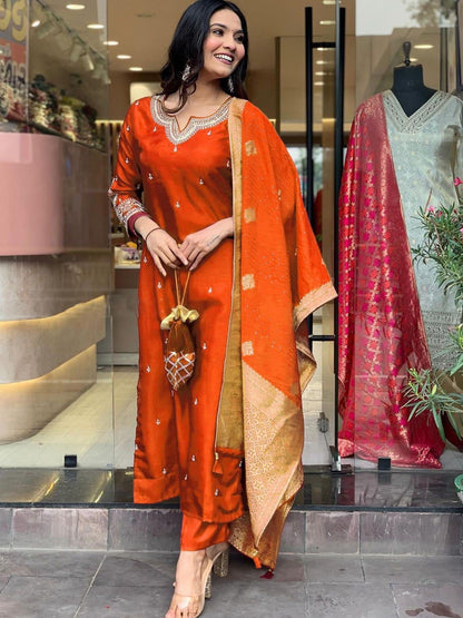 Royal Orange Embroidered Suit - Kurtikala