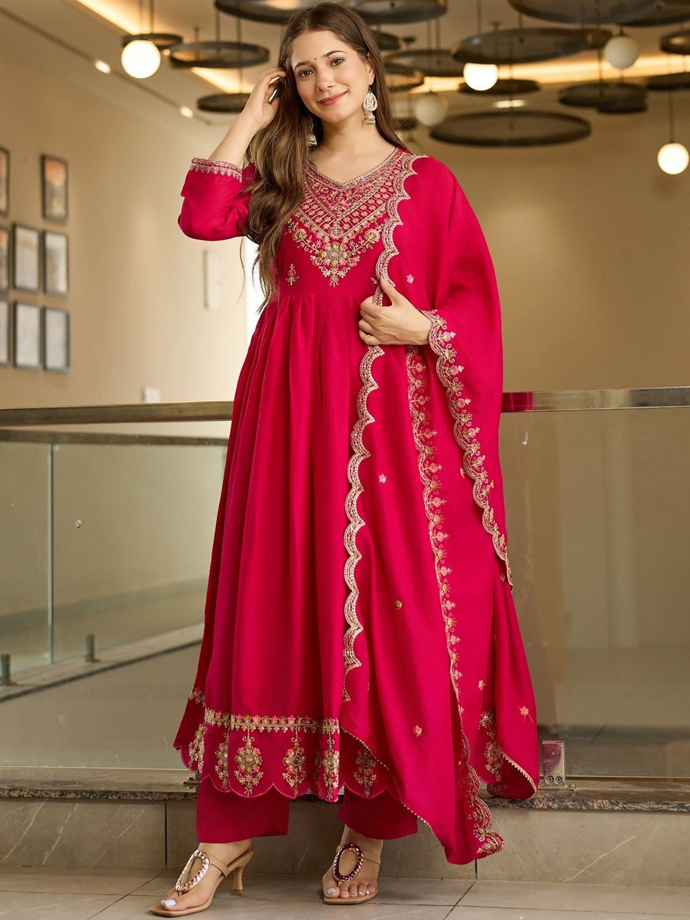 Embroidered Red Anarkali Suit - Kurtikala