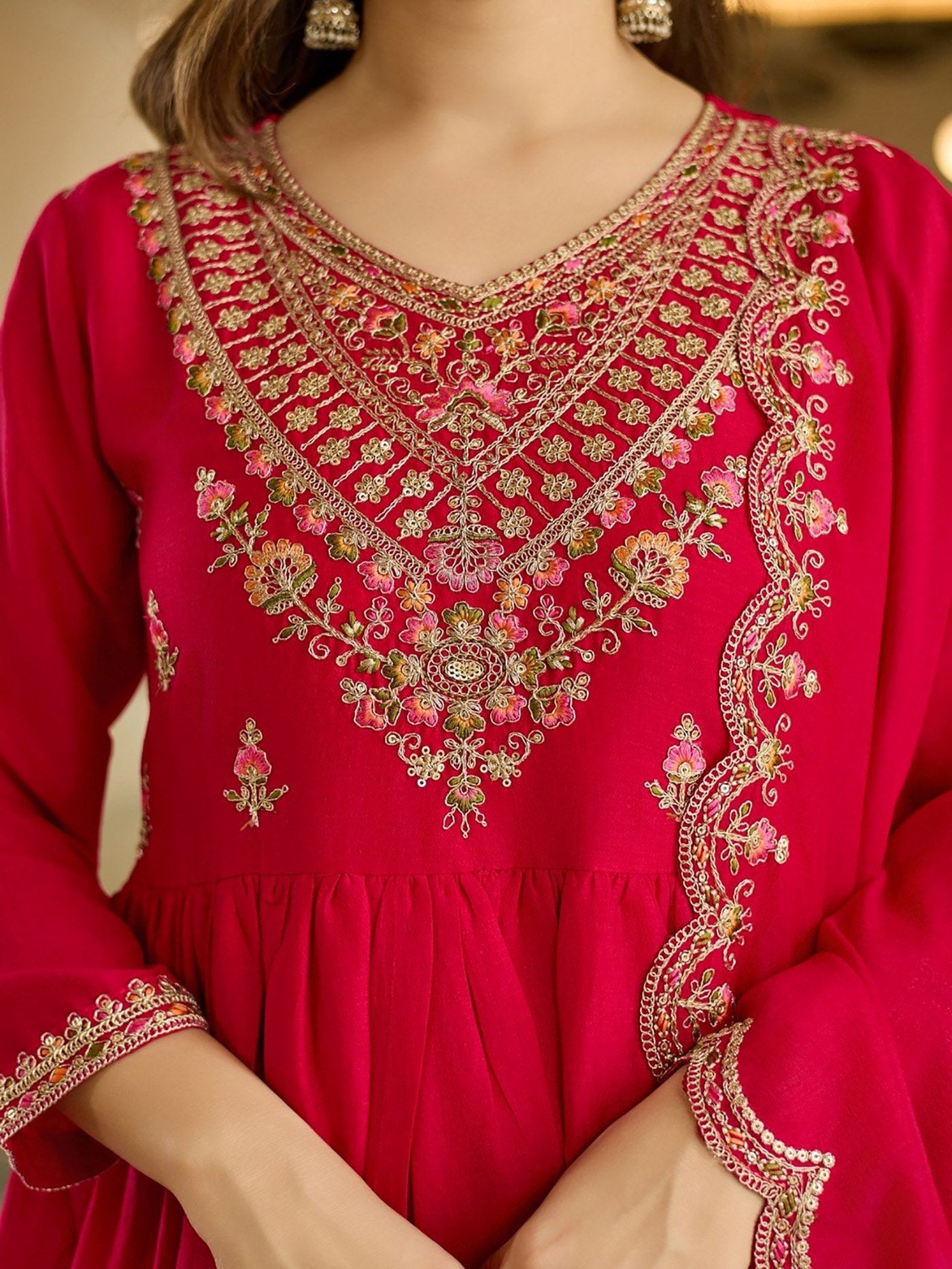 Embroidered Red Anarkali Suit - Kurtikala