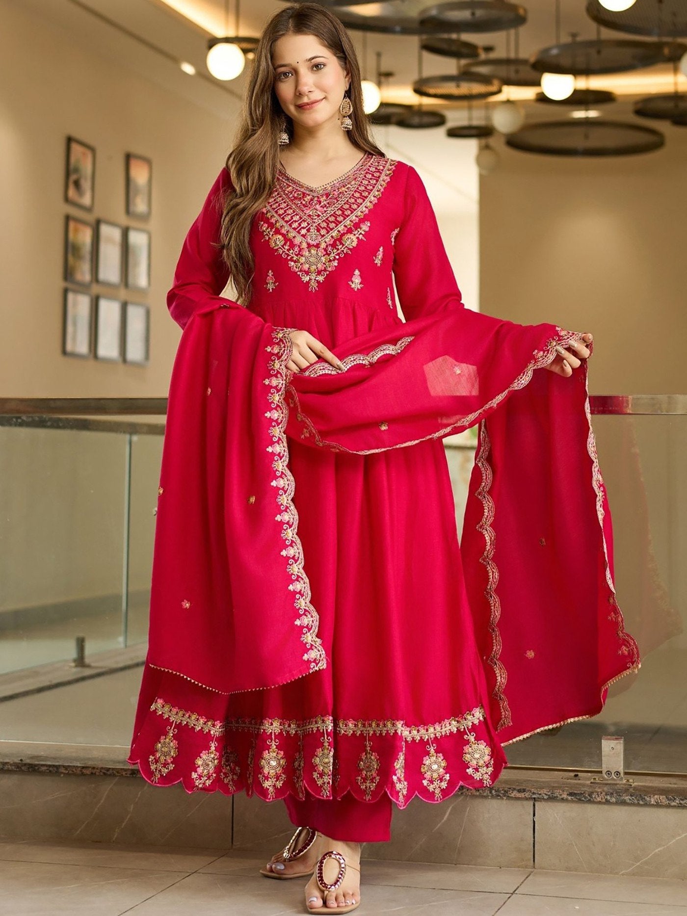 Embroidered Red Anarkali Suit - Kurtikala