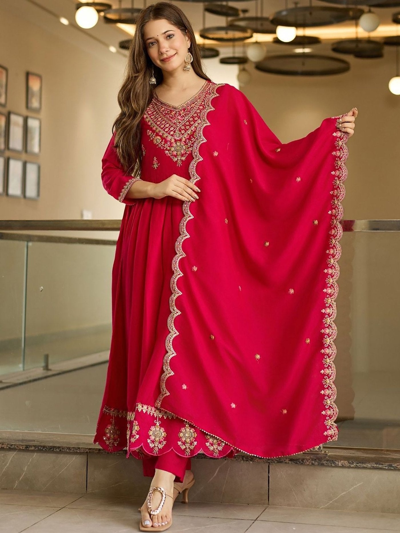 Embroidered Red Anarkali Suit - Kurtikala