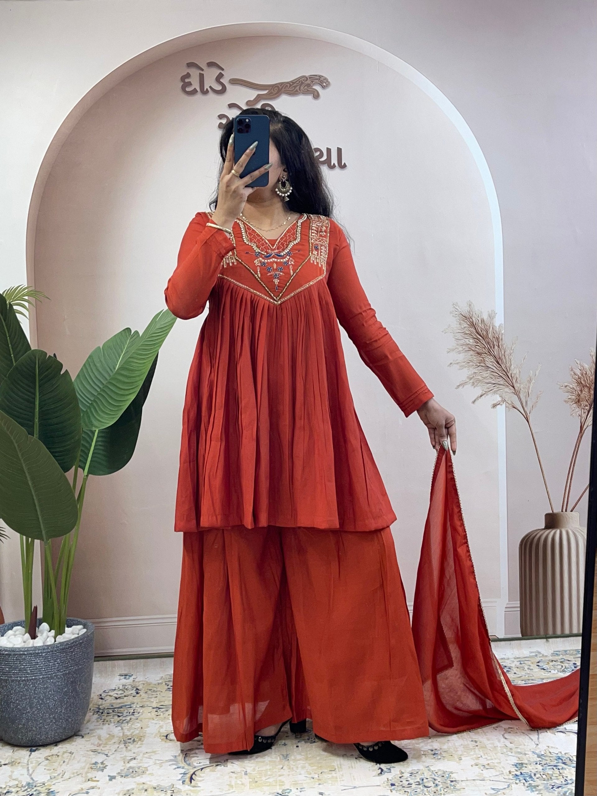 Rust Orange Anarkali khatali work suit - Kurtikala