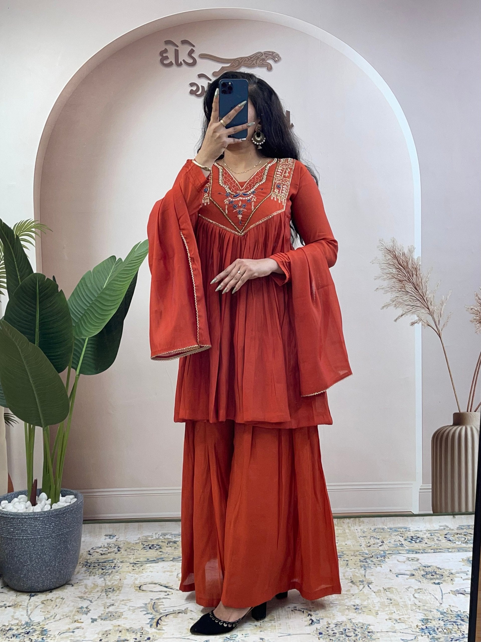 Rust Orange Anarkali khatali work suit - Kurtikala