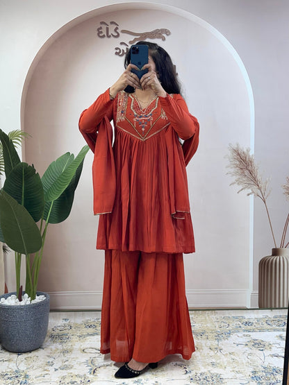 Rust Orange Anarkali khatali work suit - Kurtikala