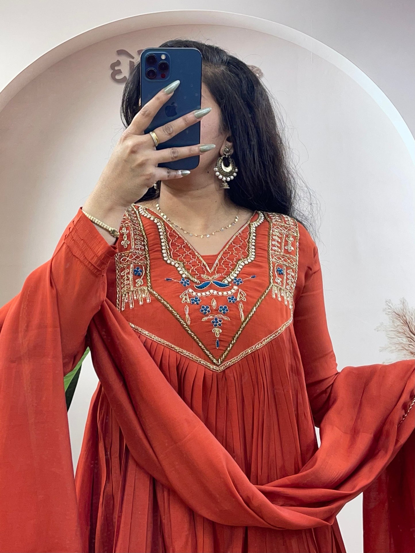 Rust Orange Anarkali khatali work suit - Kurtikala