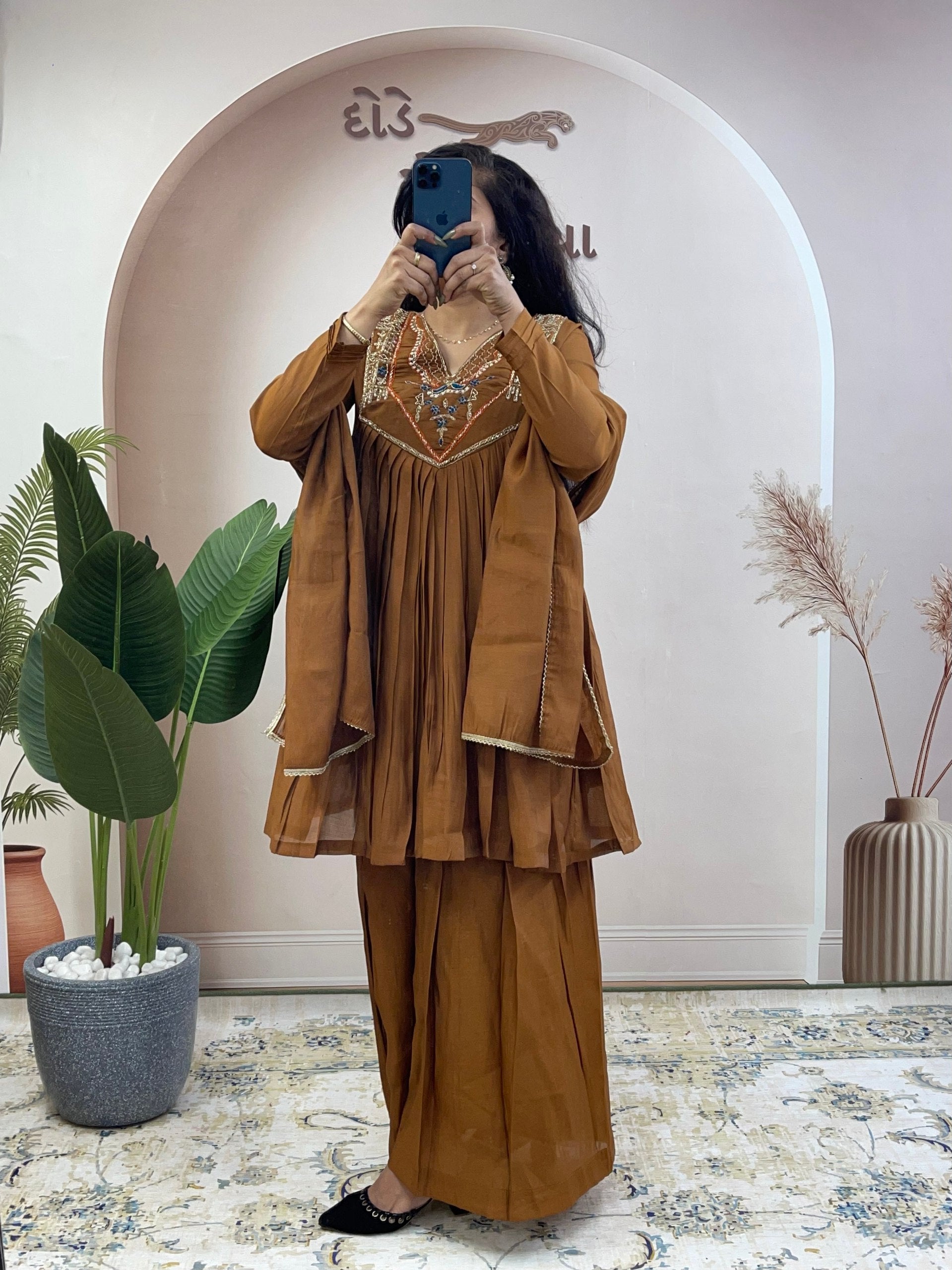 Rustic Brown Mul Chanderi Handwork Suit - Kurtikala