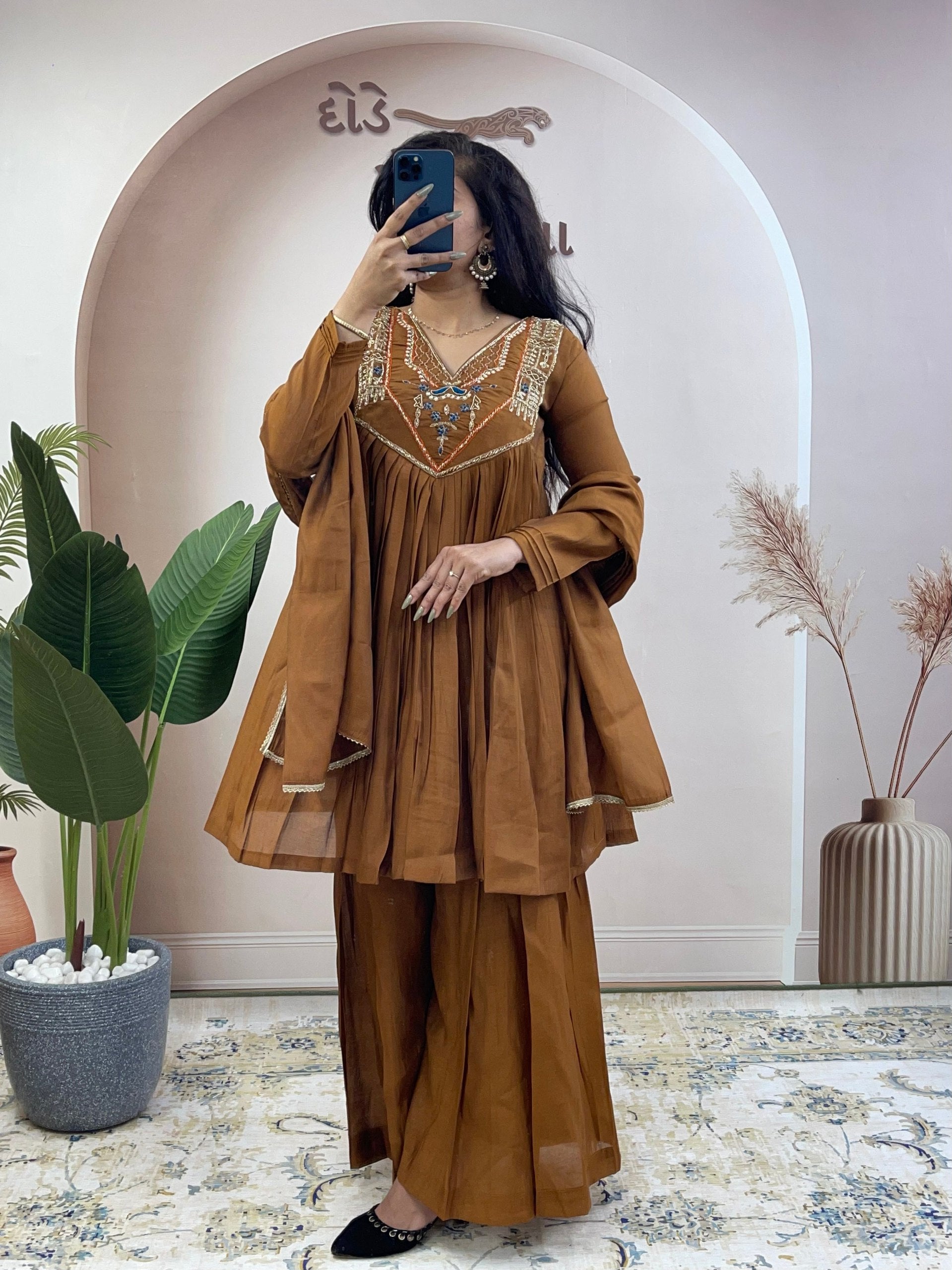 Rustic Brown Mul Chanderi Handwork Suit - Kurtikala