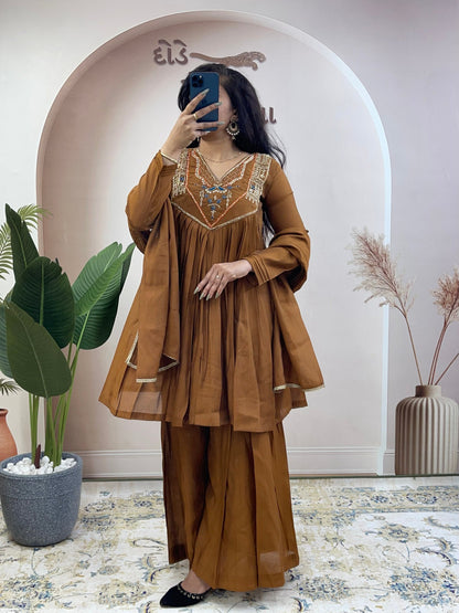 Rustic Brown Mul Chanderi Handwork Suit - Kurtikala