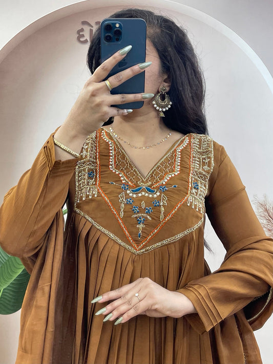Rustic Brown Mul Chanderi Handwork Suit - Kurtikala
