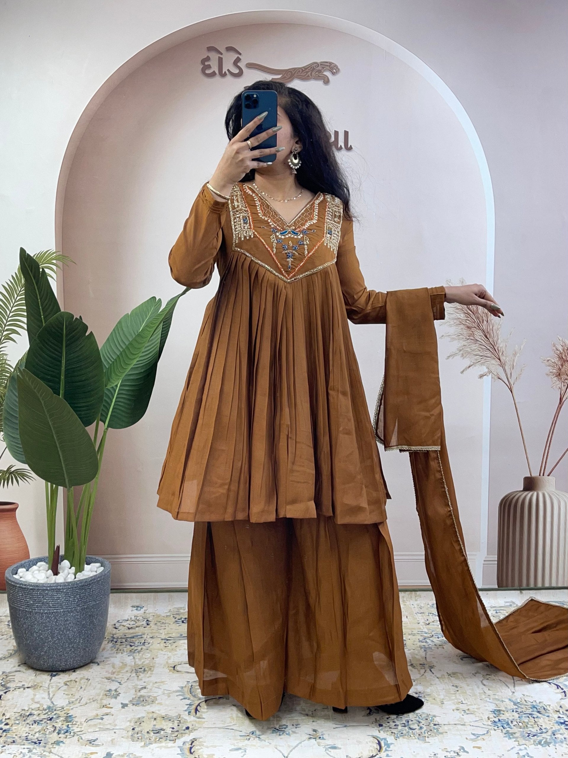 Rustic Brown Mul Chanderi Handwork Suit - Kurtikala