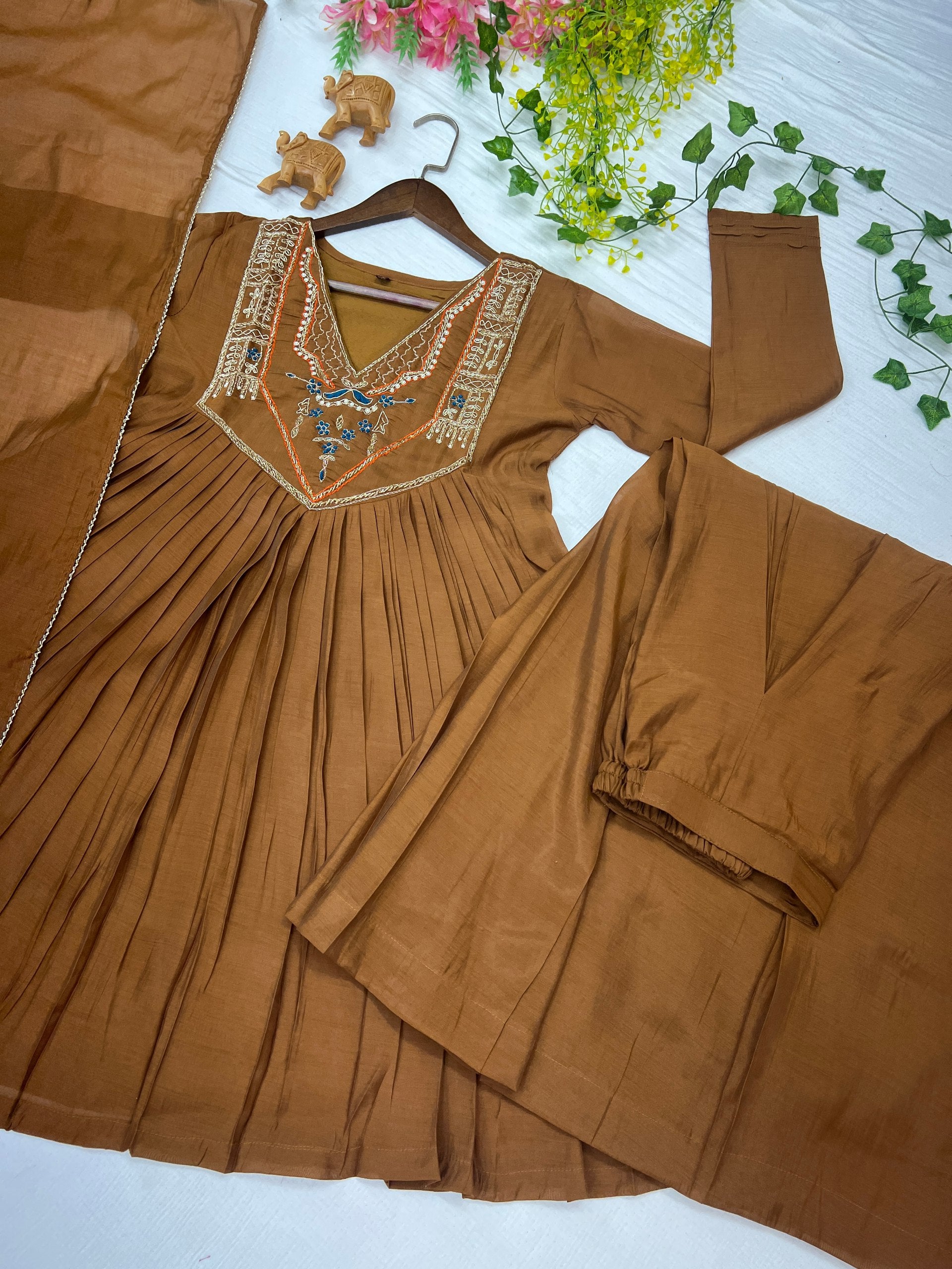 Rustic Brown Mul Chanderi Handwork Suit - Kurtikala