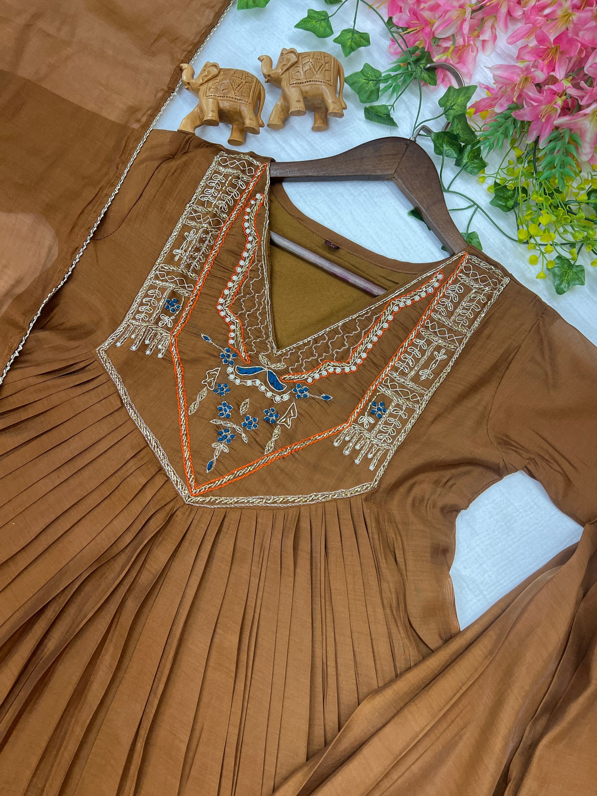 Rustic Brown Mul Chanderi Handwork Suit - Kurtikala