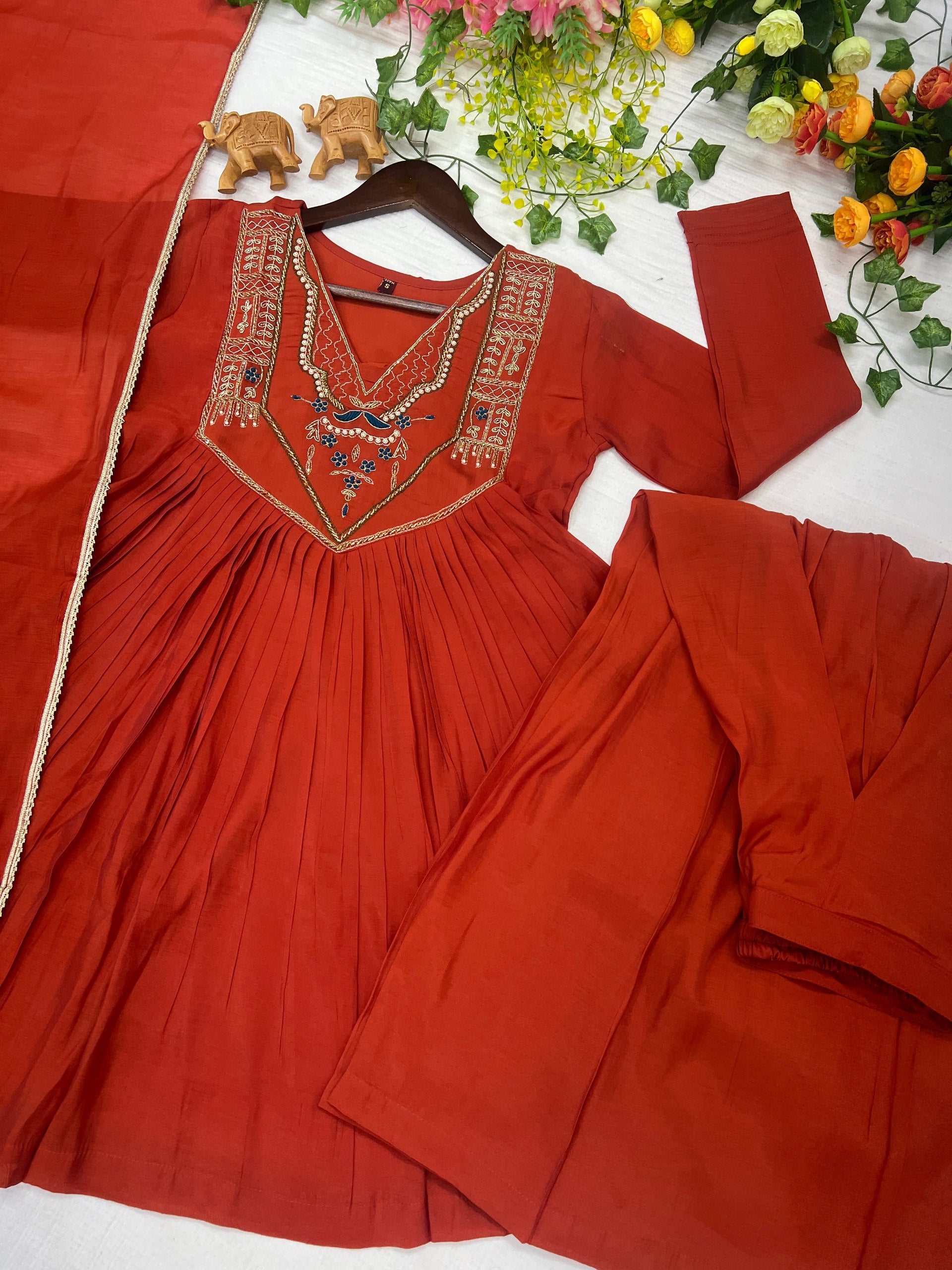 Rust Orange Anarkali khatali work suit - Kurtikala