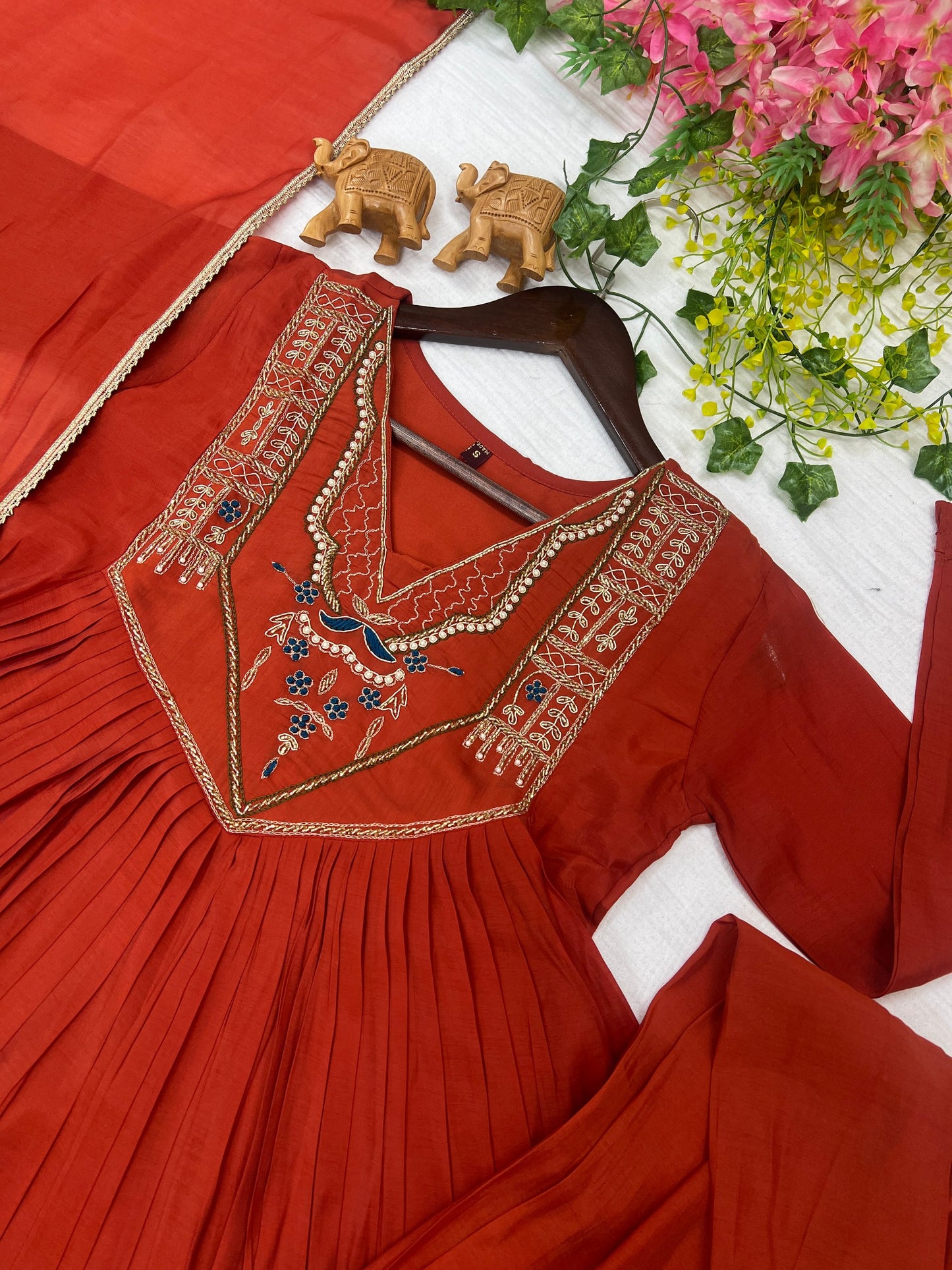 Rust Orange Anarkali khatali work suit - Kurtikala