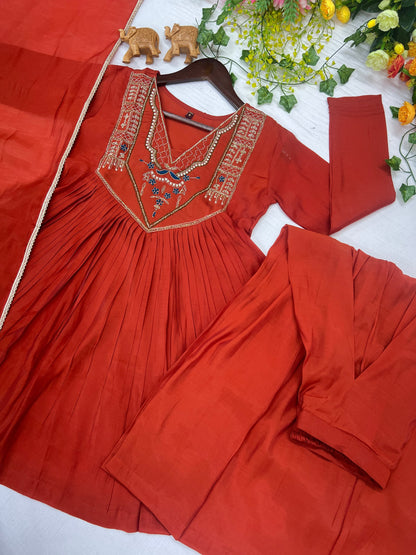 Rust Orange Anarkali khatali work suit - Kurtikala