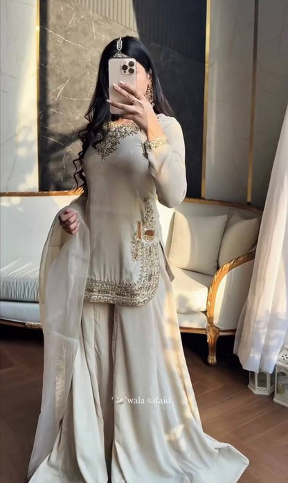 Ivory Embroidered Sharara Suit - Kurtikala