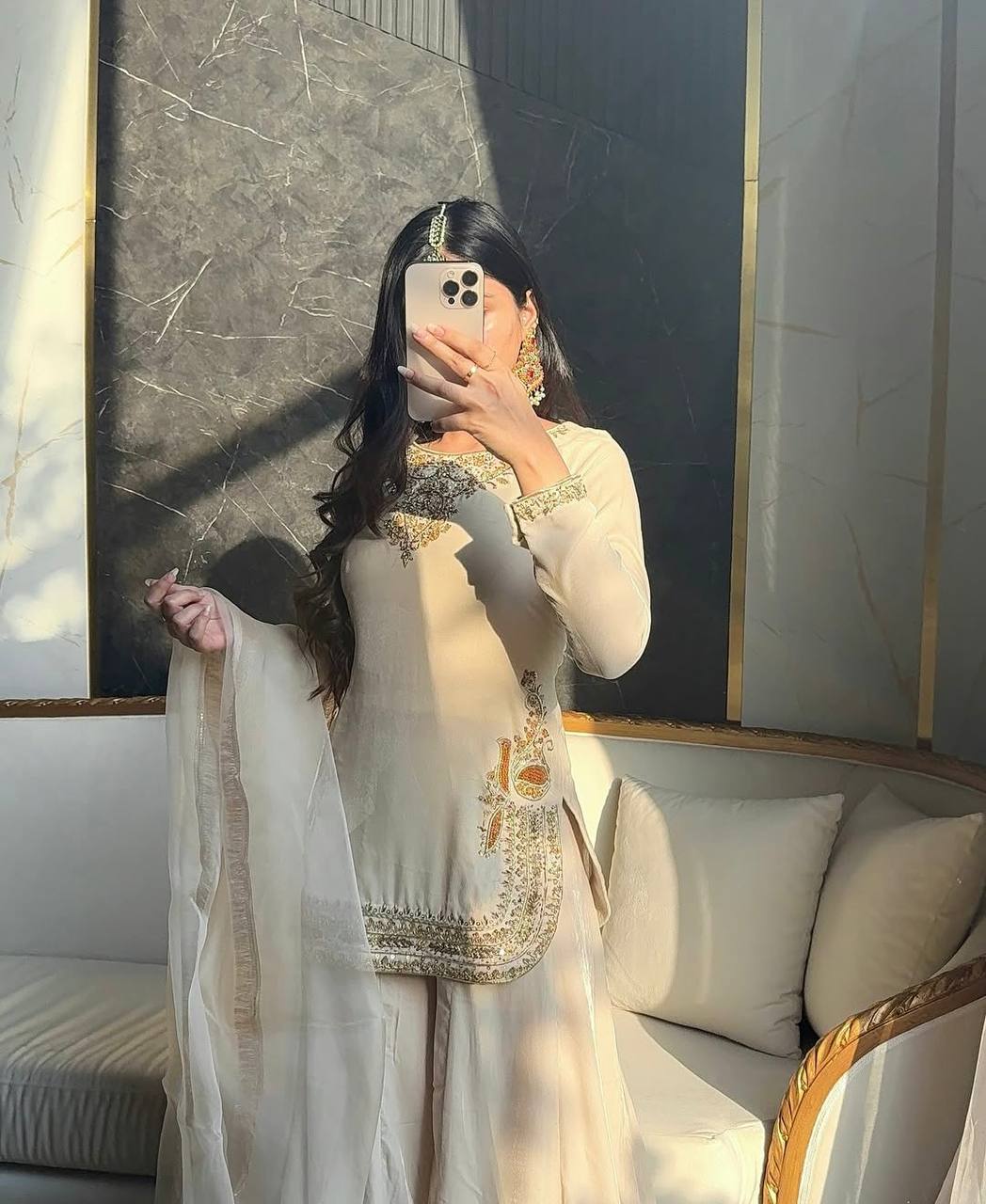 Ivory Embroidered Sharara Suit - Kurtikala