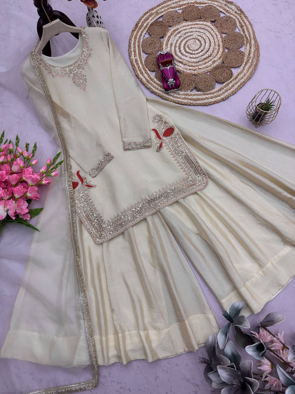 Ivory Embroidered Sharara Suit - Kurtikala