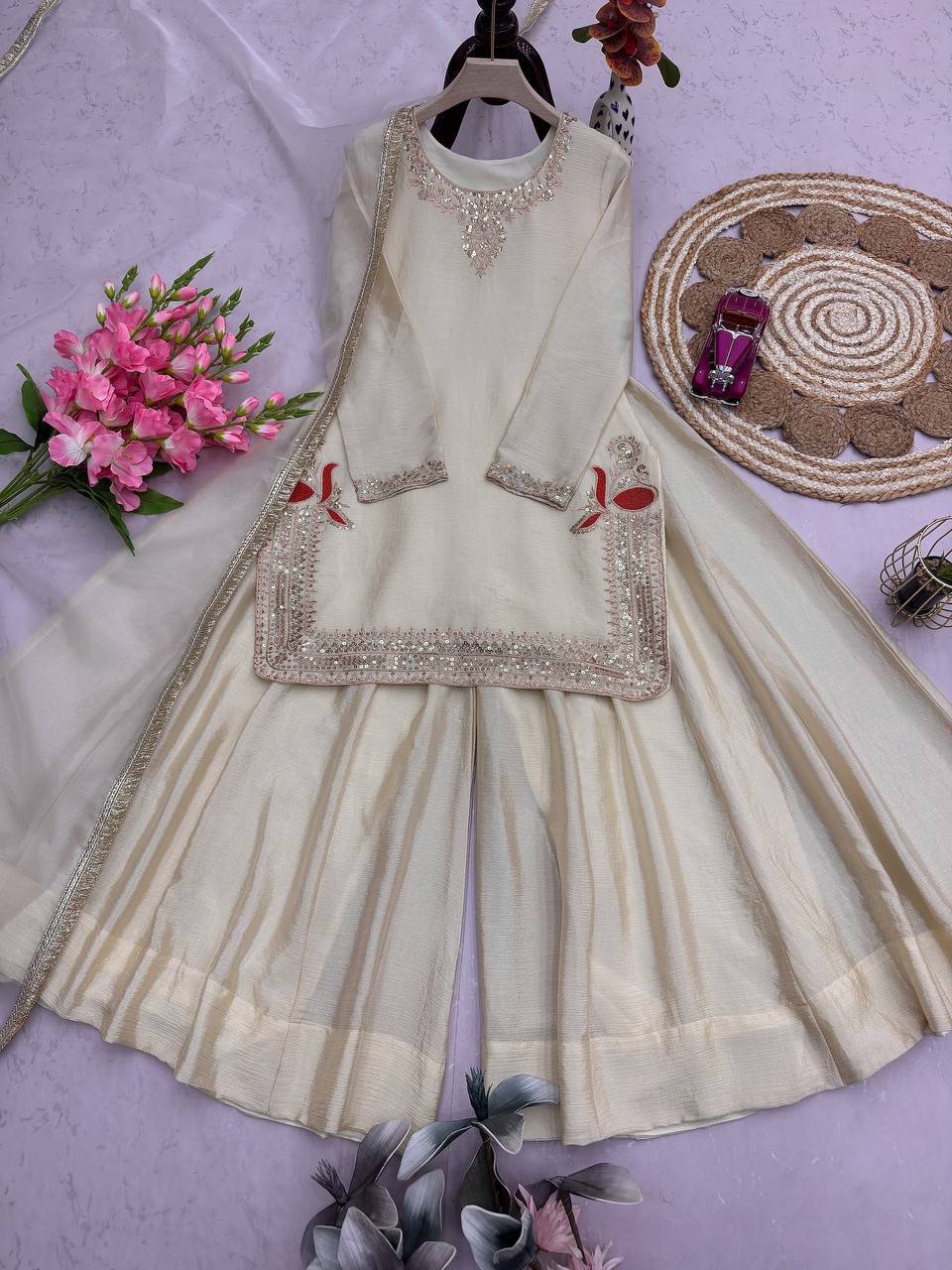Ivory Embroidered Sharara Suit - Kurtikala