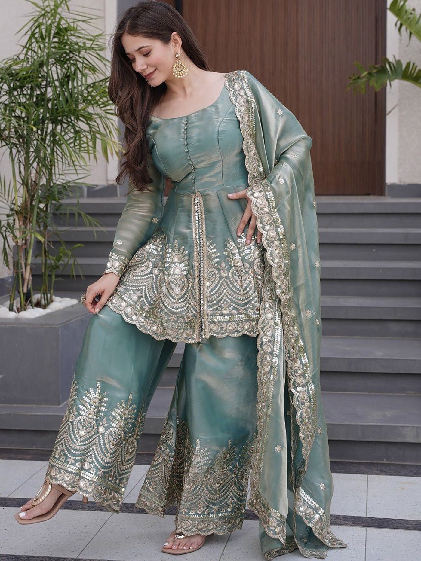 Sage Green Festive Sharara Set - Kurtikala