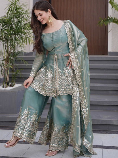 Sage Green Festive Sharara Set - Kurtikala