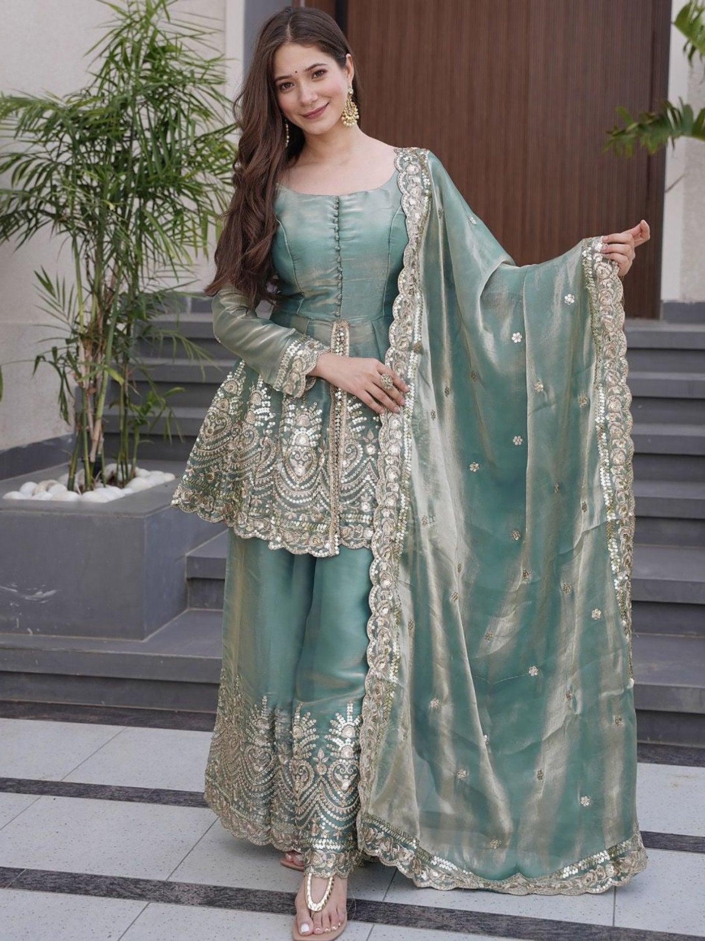 Sage Green Festive Sharara Set - Kurtikala