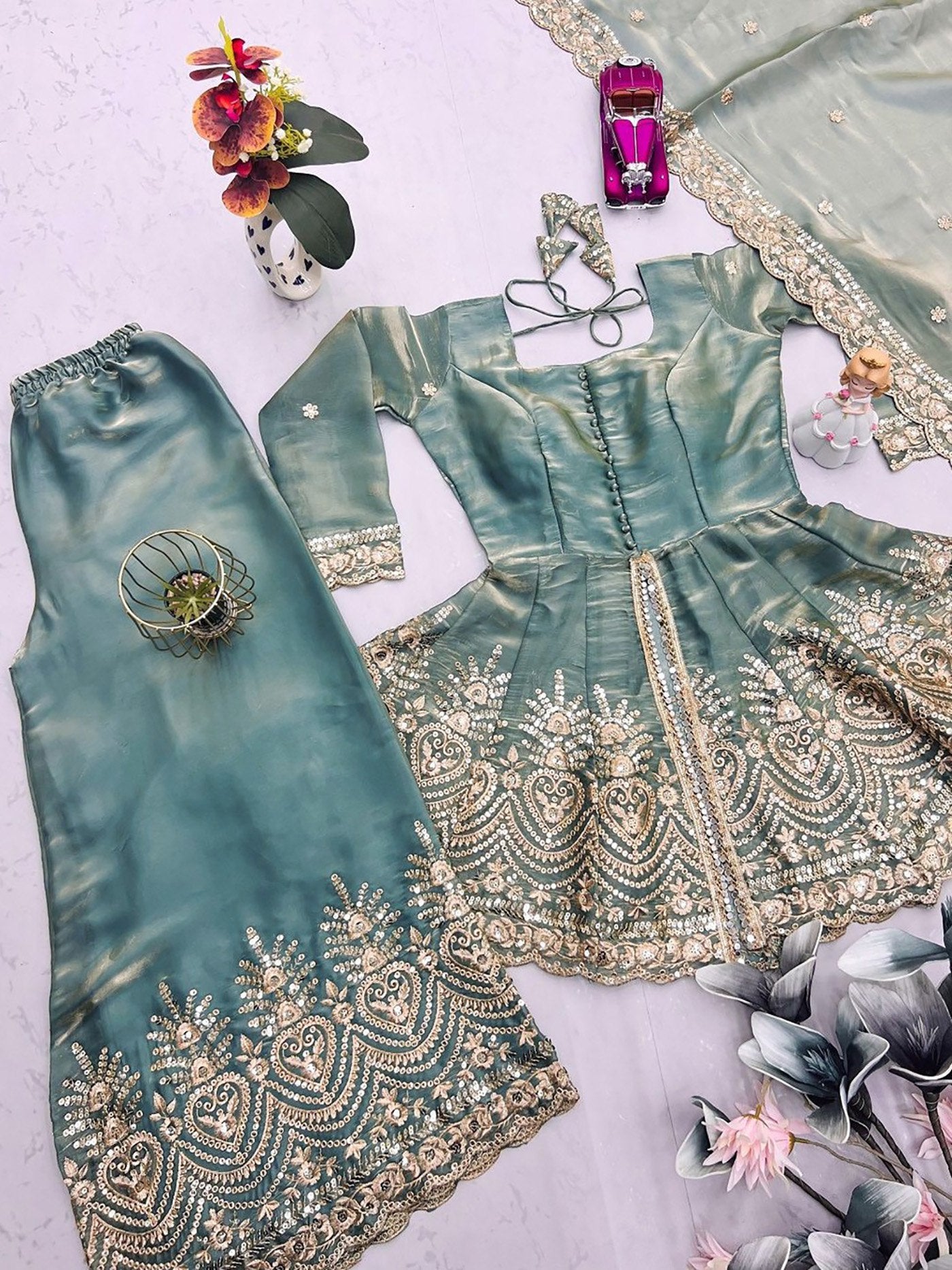 Sage Green Festive Sharara Set - Kurtikala