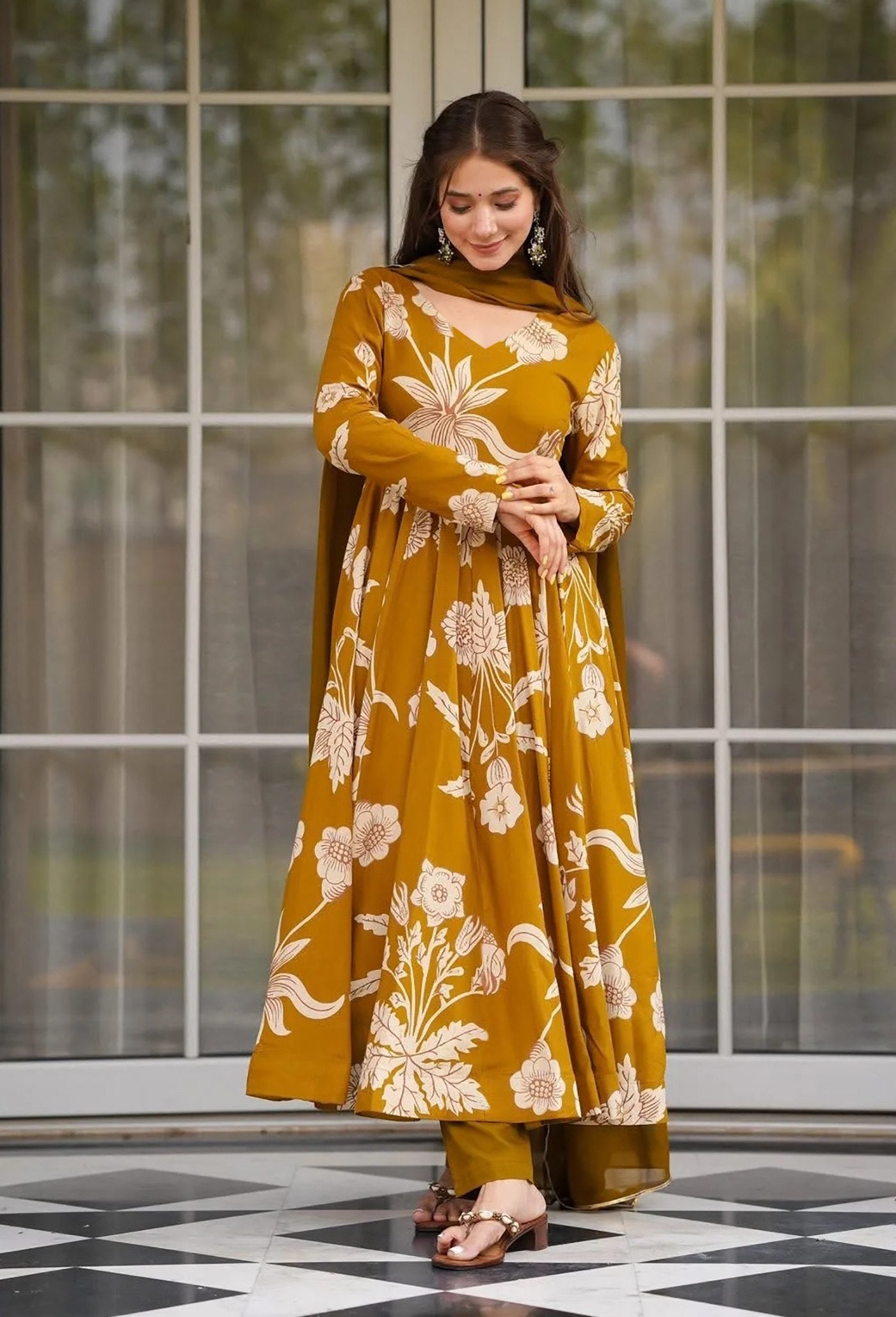 Golden Bloom Anarkali Set - Kurtikala